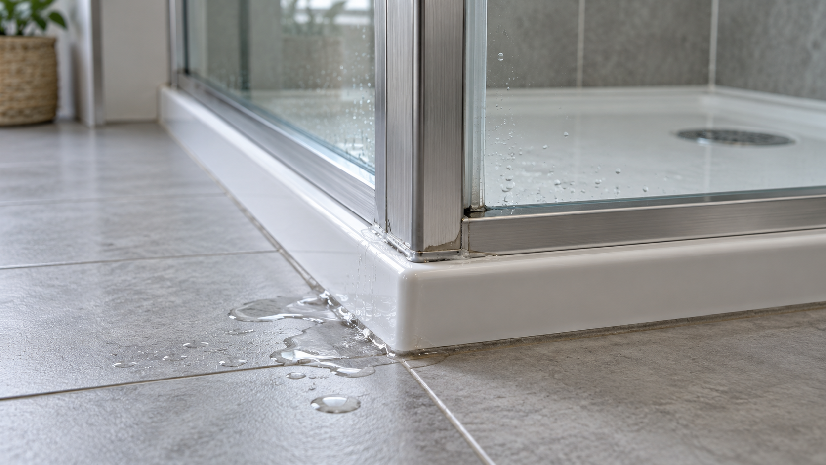 Acqua che fuoriesce dall’angolo inferiore di un box doccia in vetro con profili metallici e piatto bianco