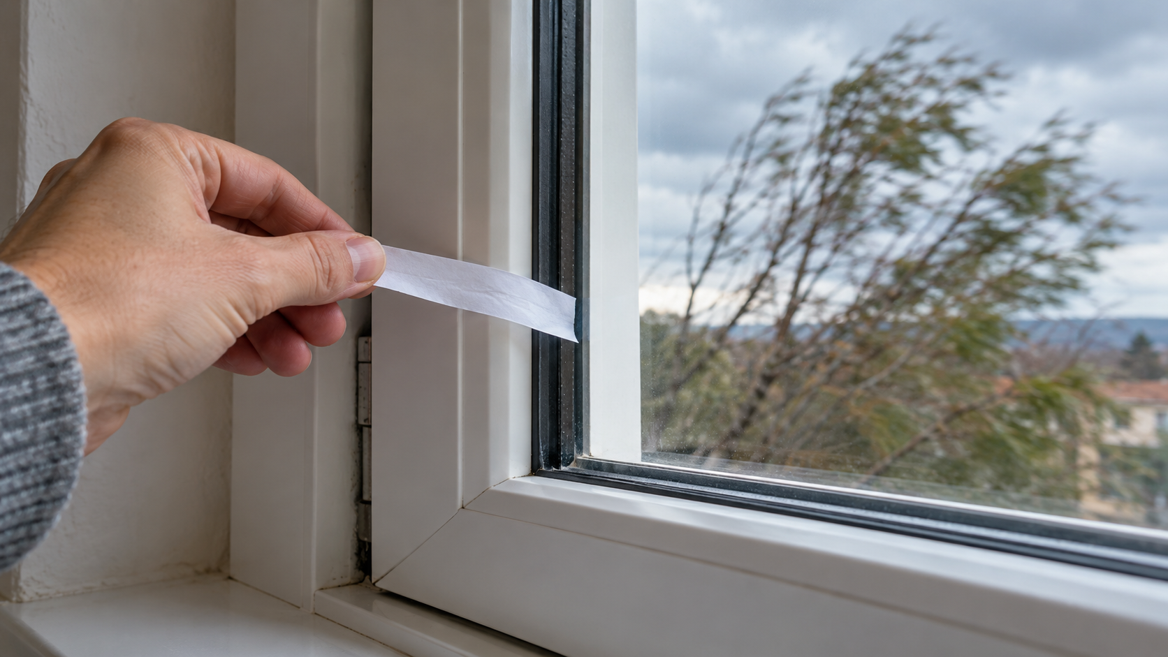 Una mano avvicina una striscia di carta al bordo di una finestra bianca, con alberi mossi dal vento all’esterno