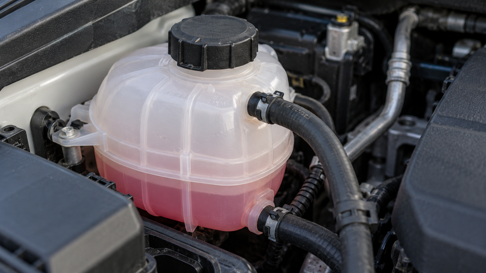 Vaschetta traslucida del refrigerante con liquido rosa e tappo chiuso nel vano motore di un’auto